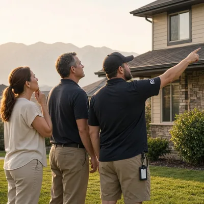 Rep on the lawn pointing out gutters