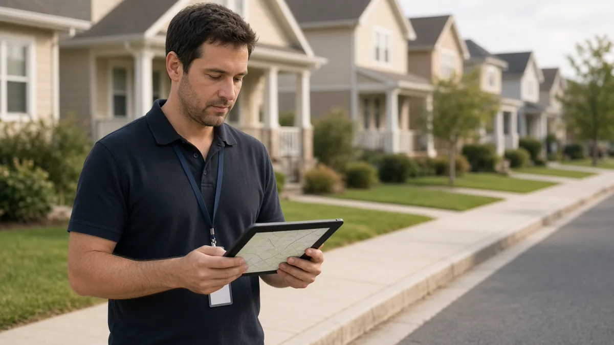 Rep standing on a suburban sidewalk checking a map on a tablet