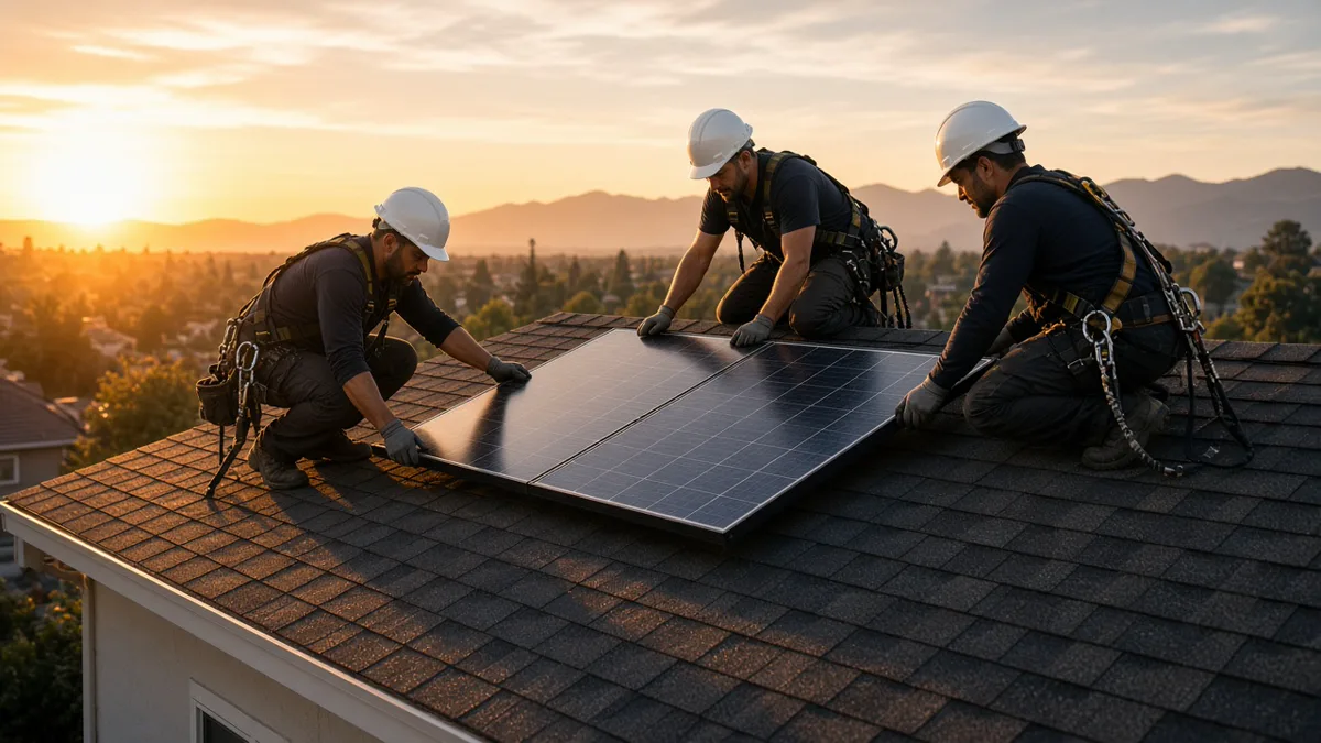 Three solar installers placing panels on a roof at sunset