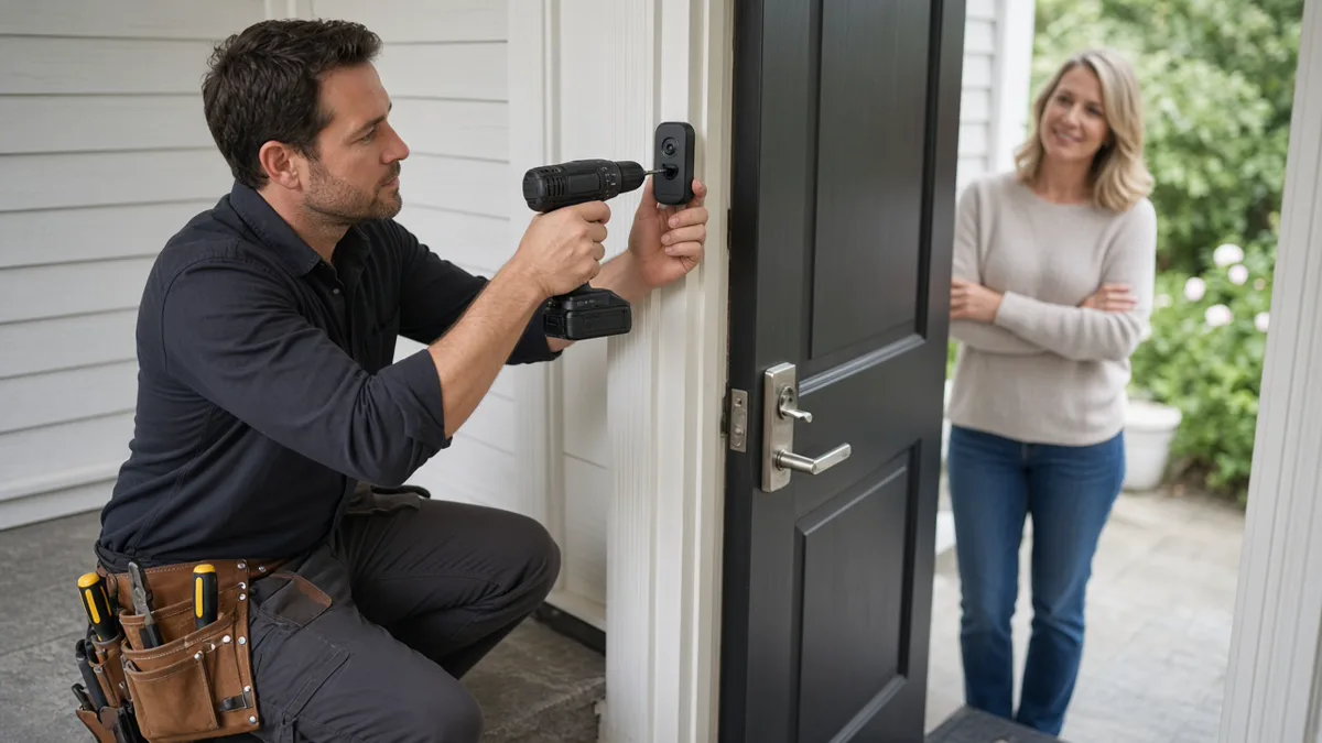 Technician drilling a doorbell camera beside a front door while a homeowner watches
