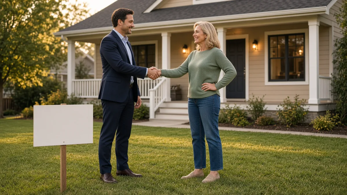 Rep in a suit shaking hands with a homeowner beside a blank yard sign