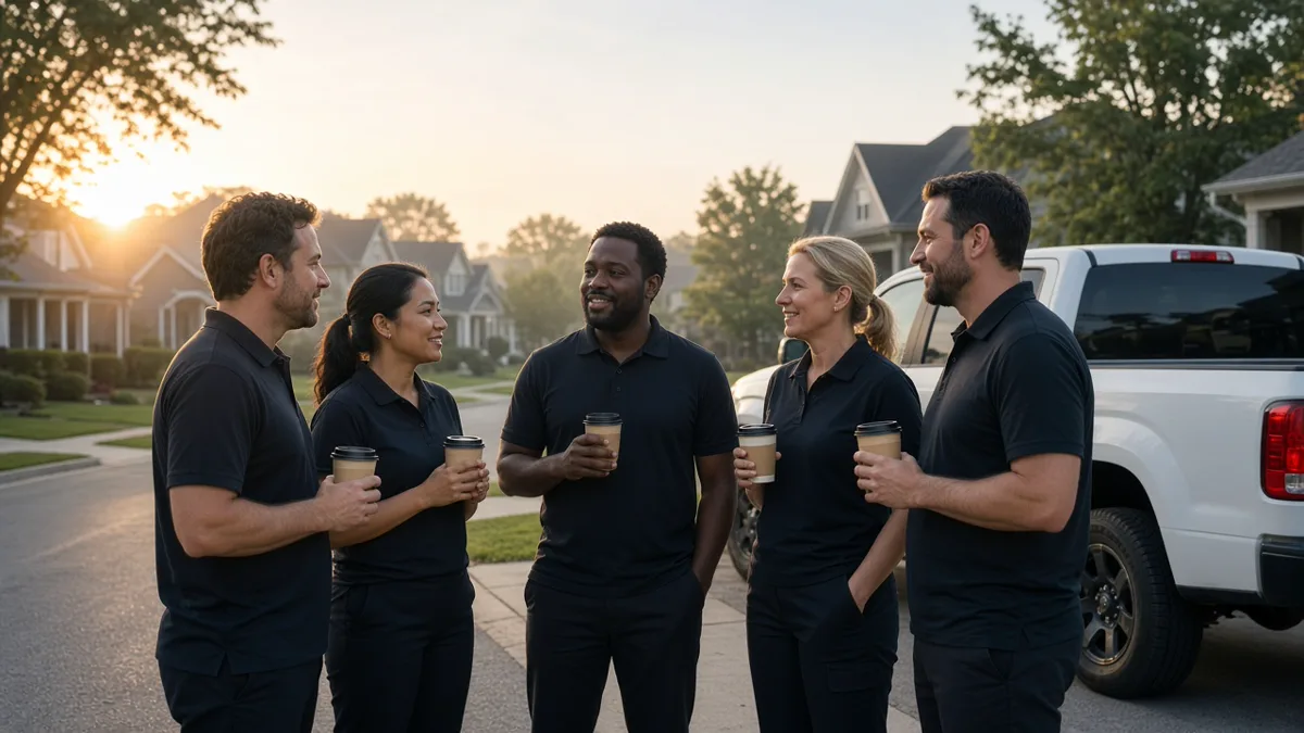 Five reps in matching polos holding coffee beside a white pickup at sunrise